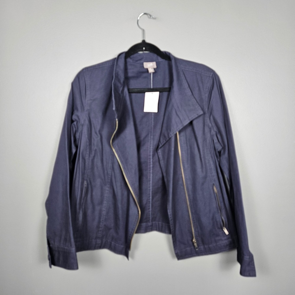 J Jill Womens MP Moto Jacket‎ Linen Blend Asym Zip Lightweight Blue Gray Petite - Picture 5 of 10